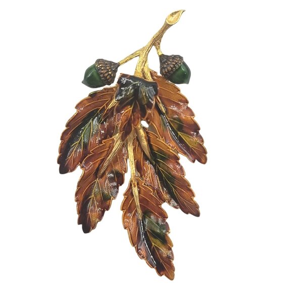 Weiss Brown Green Enamel Maple Leaf Acorn Brooch Signed